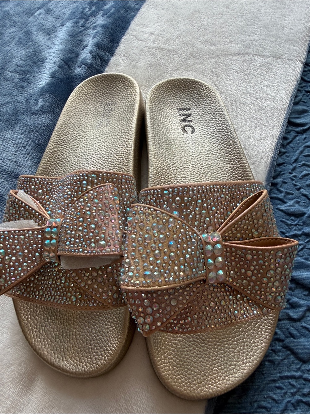 INC International Concepts Champagne Bow Slide Sandals with Iridescent Stones